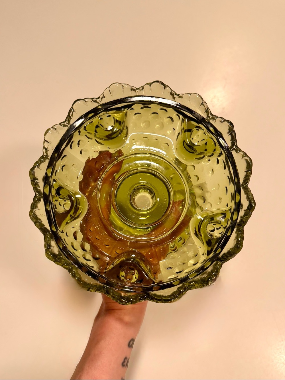 60s-70s Vintage 🌿 Fenton Art Glass Colonial Green Hobnail Candle Bowl - Picture 3 of 4